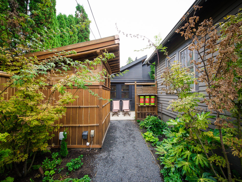 This is an example of an asian side yard garden in Portland with a garden path.