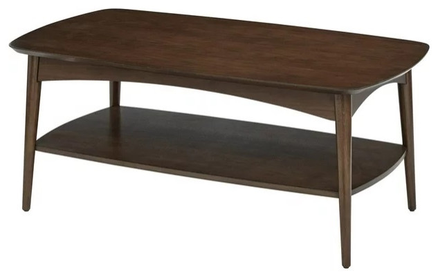 Mid Century Modern Coffee Table, Sleek Legs With Bottom Open Shelf, Walnut