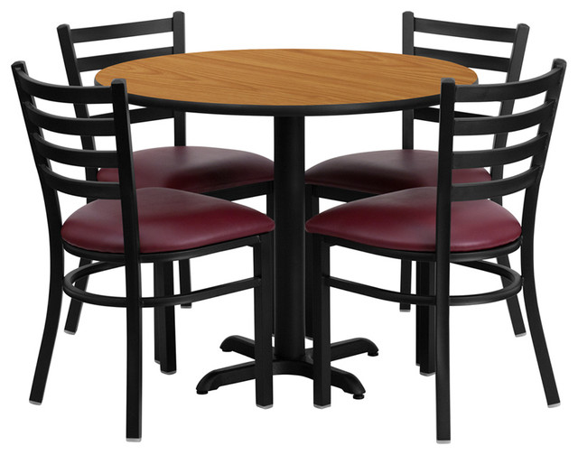 36" Round Natural Laminate Table Set with 4 Ladder Back Metal Chairs