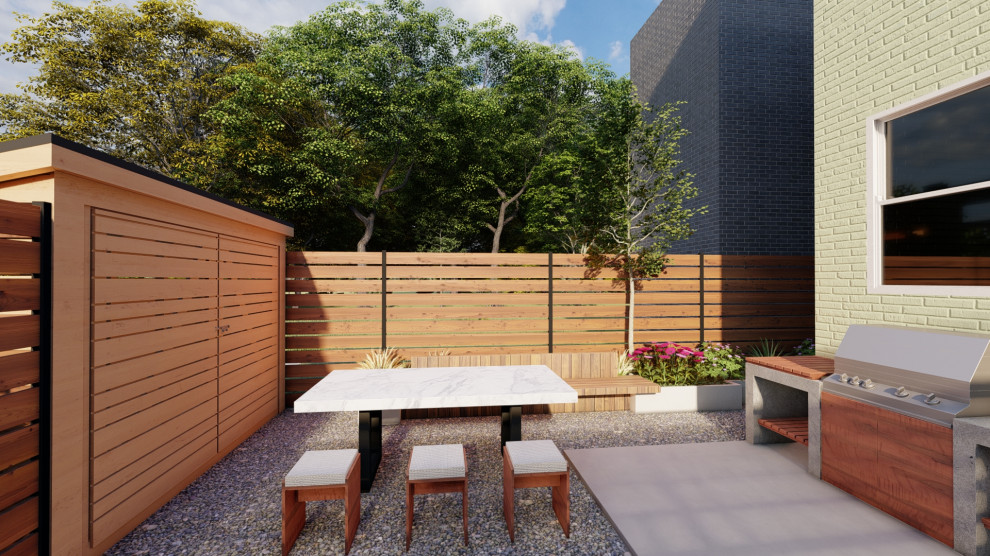 Inspiration pour un petit jardin arrière traditionnel avec une exposition partiellement ombragée, un gravier de granite et une clôture en bois.
