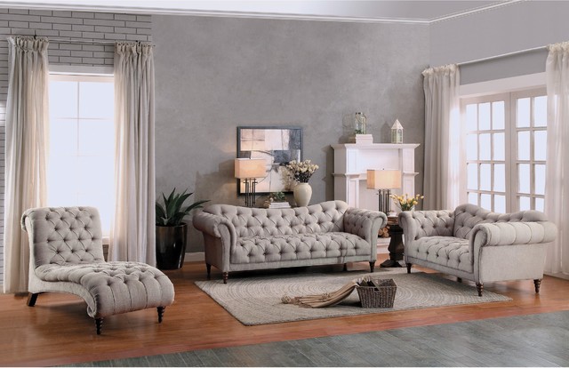 2-Piece Stella French Button Tufted Set Sofa and Chair, Neutral Beige ...