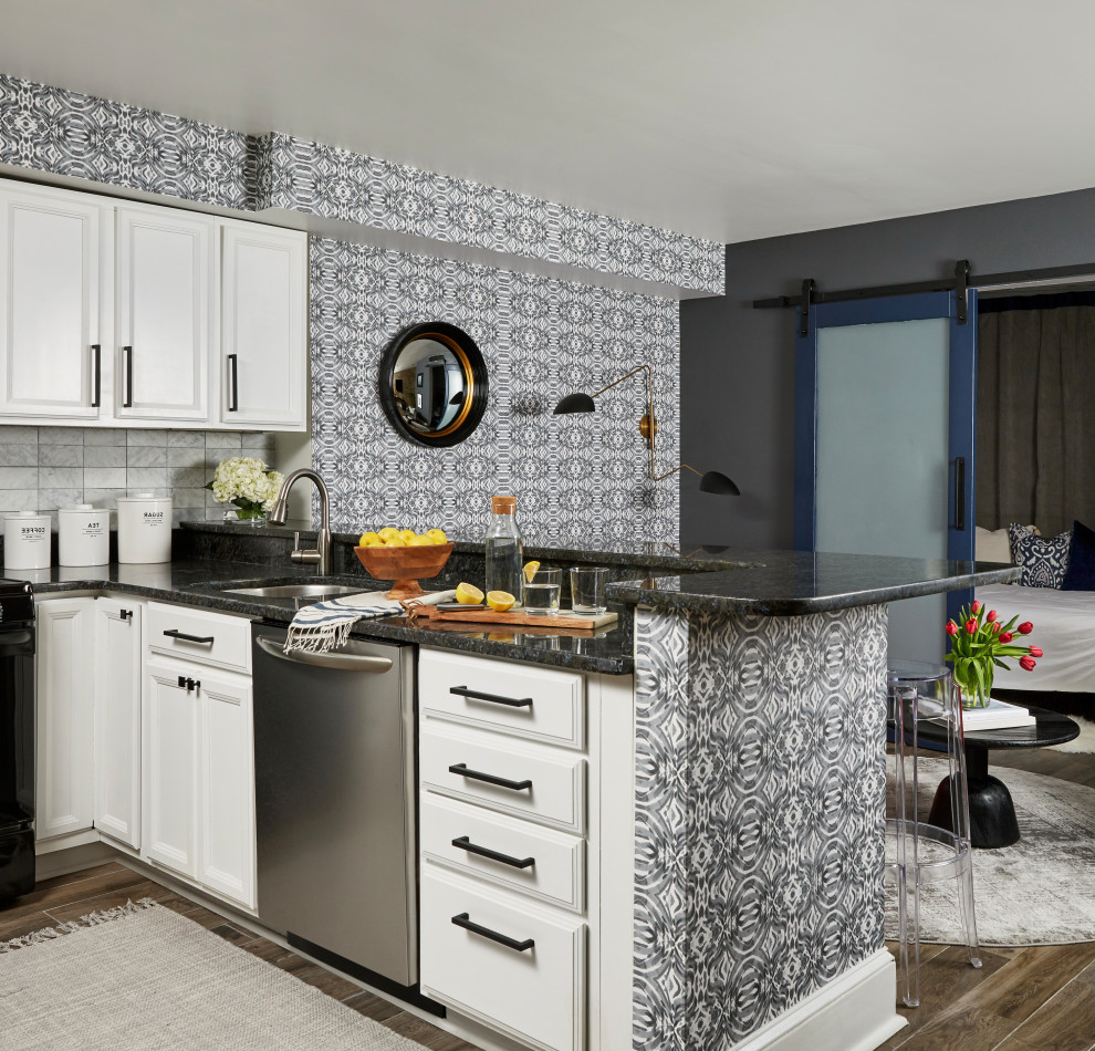 Design ideas for a small contemporary l-shaped eat-in kitchen in Chicago with raised-panel cabinets, white cabinets, granite benchtops, white splashback, marble splashback, stainless steel appliances, porcelain floors, a peninsula and grey benchtop.