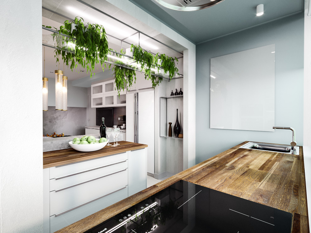 Soft-minimal кухня-гостиная с панорамным остеклением