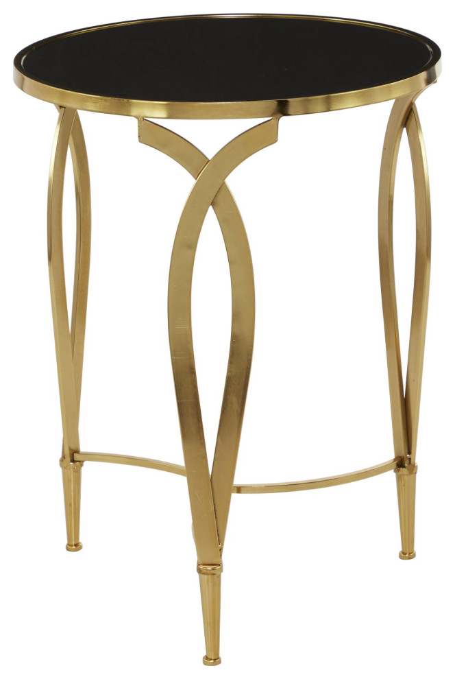 Minimalistic End Table, Curved Accented Golden Legs With Round Black Marble Top Contemporary