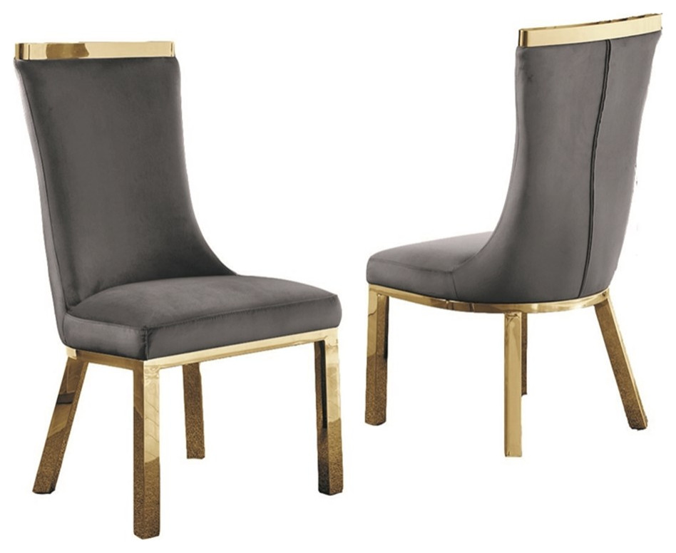 Velvet Upholstered Dining Chairs in Dark Gray with Gold Stainless Steel