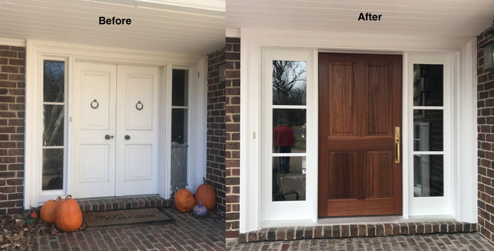 Front door - large craftsman front door idea in Chicago with a light wood front door