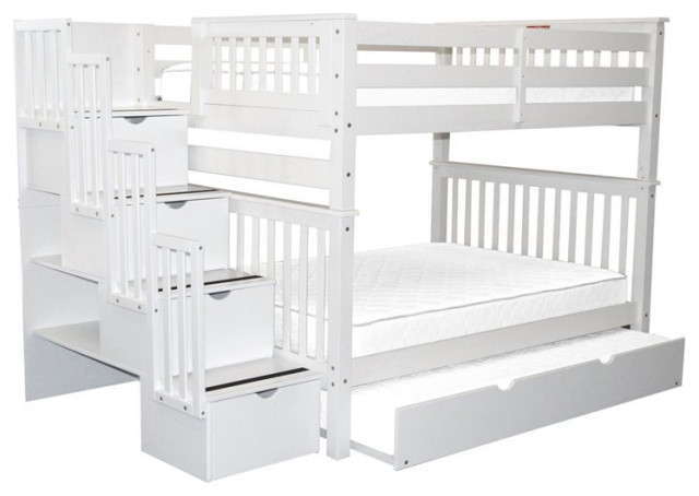 Bedz King Pine Wood Full over Full Stairway Bunk Bed with Full Trundle in White