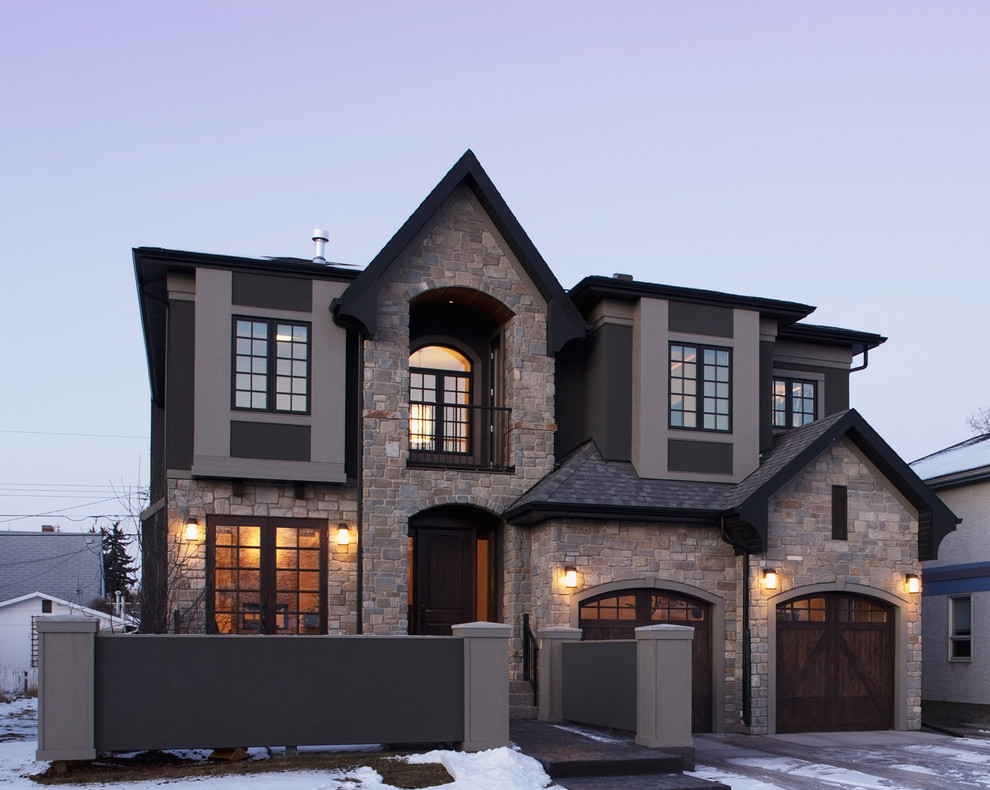 Traditional exterior in Calgary with stone veneer.