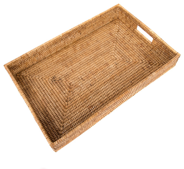 Artifacts Rattan Rectangular Tray With Cutout Handles, Honey Brown, Medium