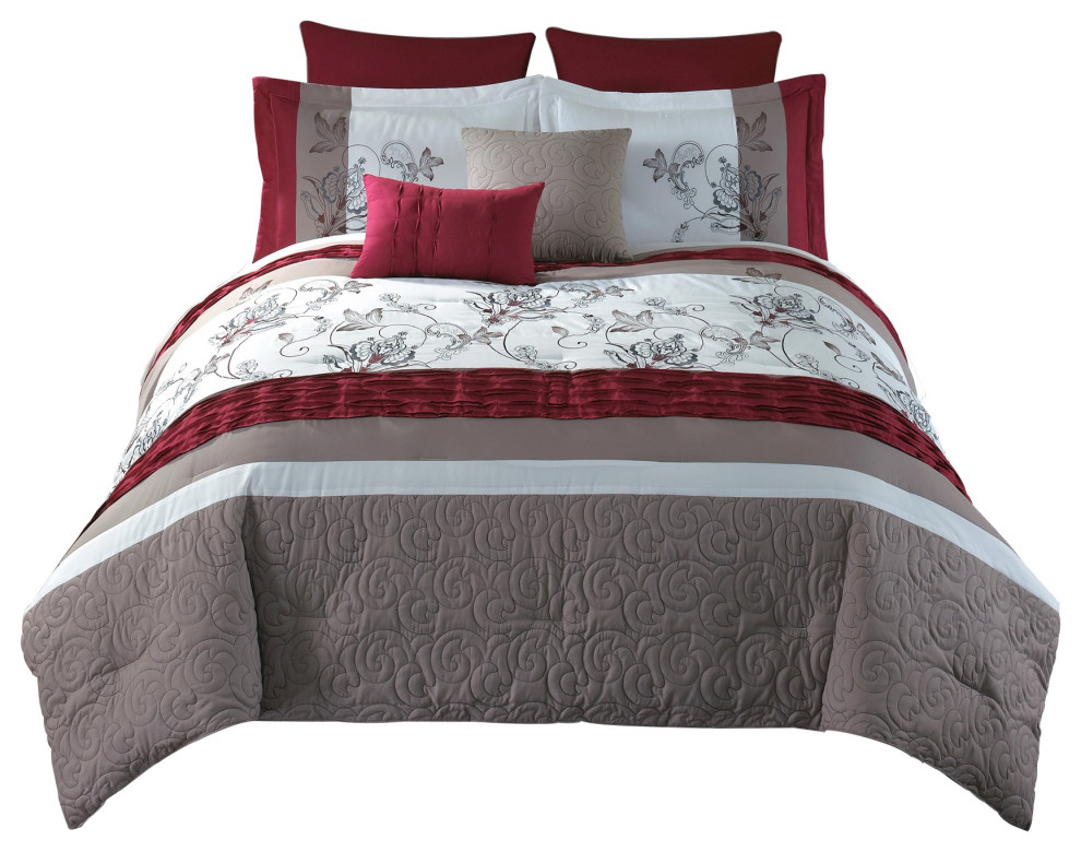 8 Piece Queen Polyester Comforter Set With Floral Print, Multicolor