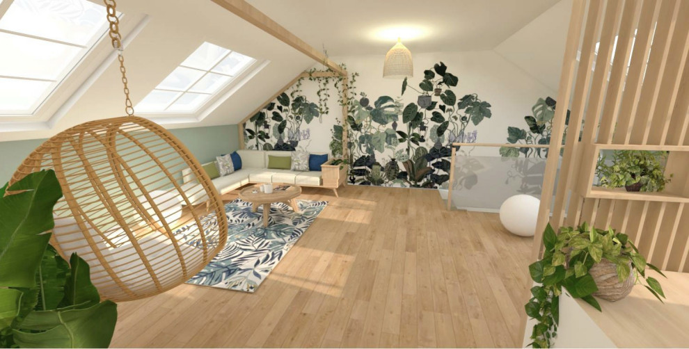 Inspiration for a world-inspired study with green walls and a freestanding desk.