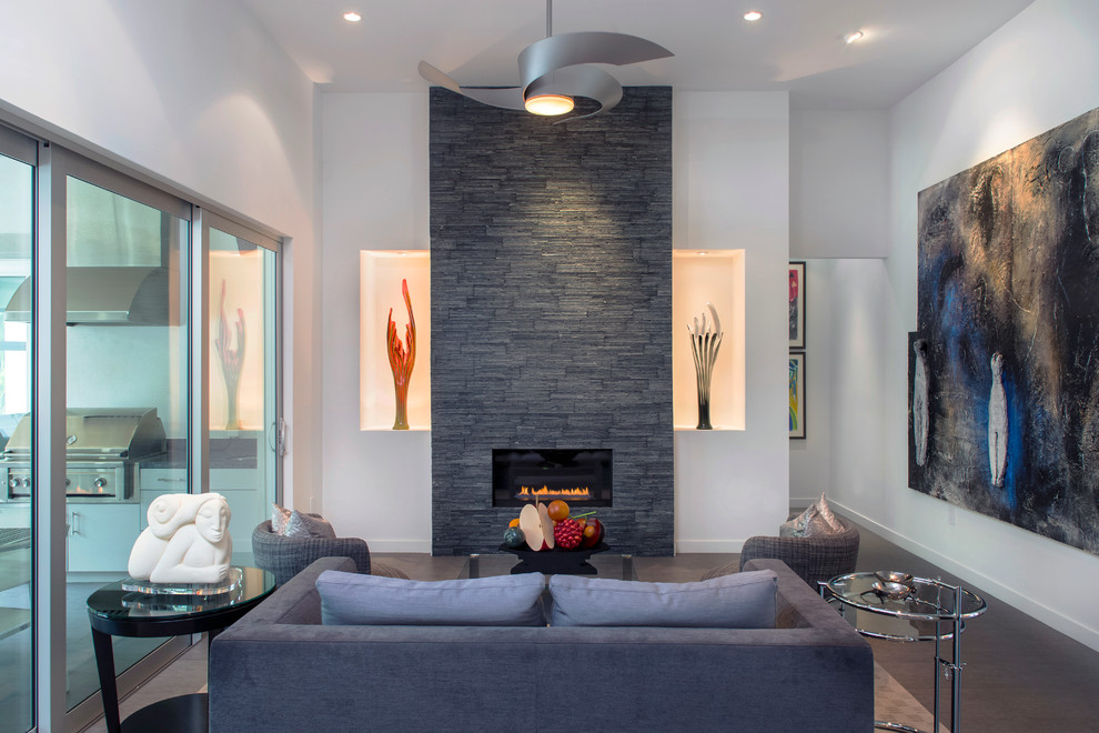 Inspiration for a mid-sized contemporary formal open concept living room in Tampa with white walls, porcelain floors, a ribbon fireplace, a tile fireplace surround, no tv and grey floor.