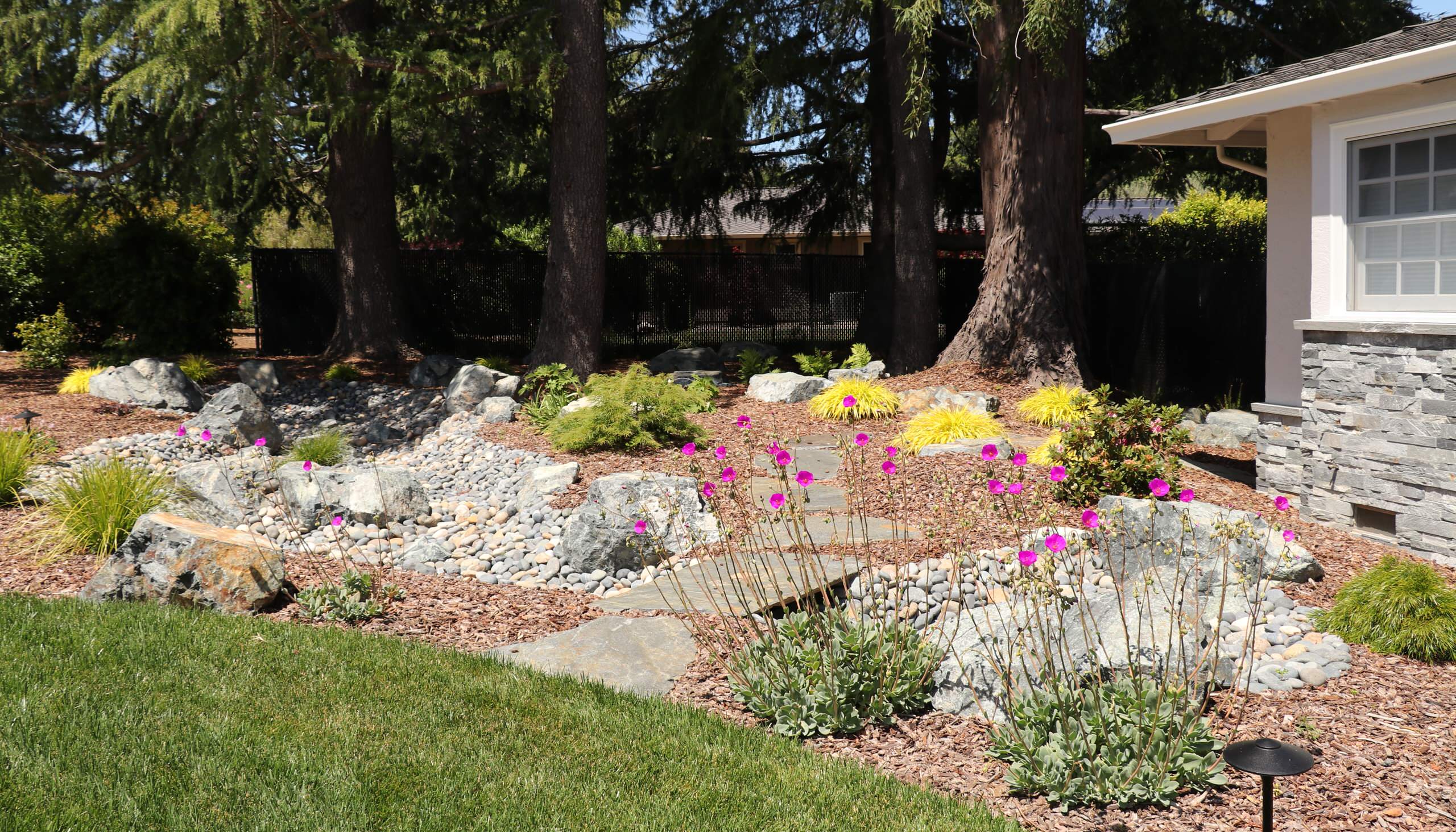 FRONT YARD WITH TREES AND DRY-CREEK