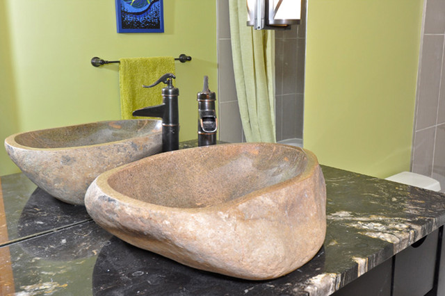 Natural River Rock Boulder Sink Contemporary Bathroom Cedar