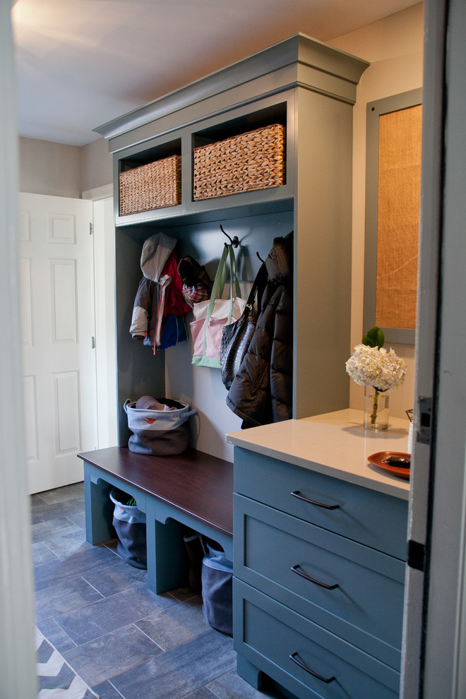 Design ideas for a small transitional mudroom in Philadelphia with grey walls and slate floors.