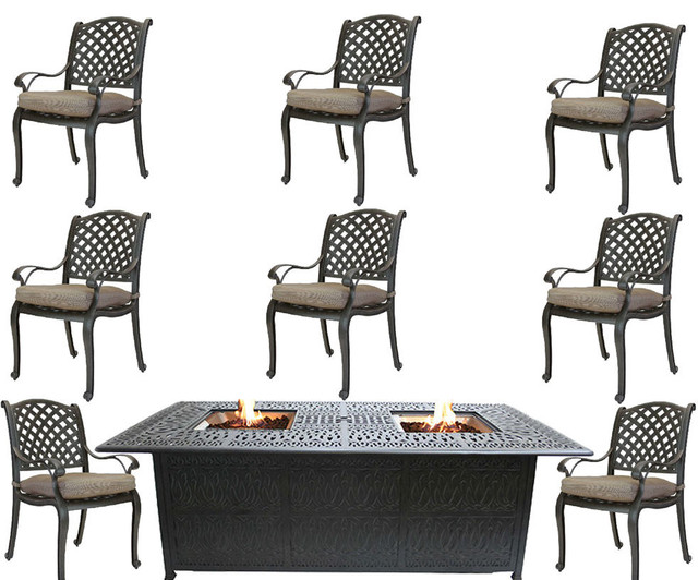 Cast Aluminum Patio Furniture Set, Outdoor Dining Set With Built In Fire Pit