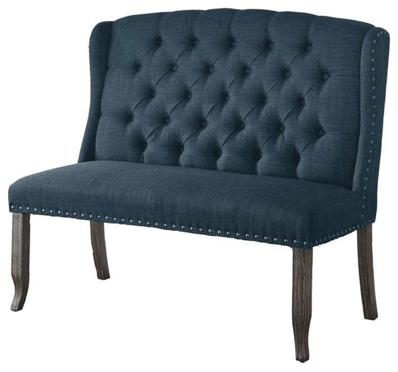 Furniture of America Sinuata Fabric Tufted 2-Seater Loveseat Bench in Blue