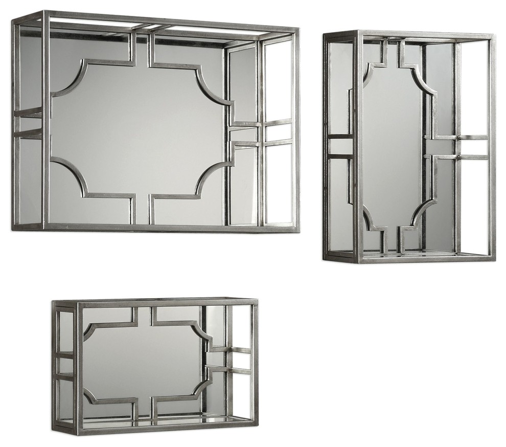 Adoria Antiqued Silver Leaf Mirrored Wall Shelves, 3Piece Set