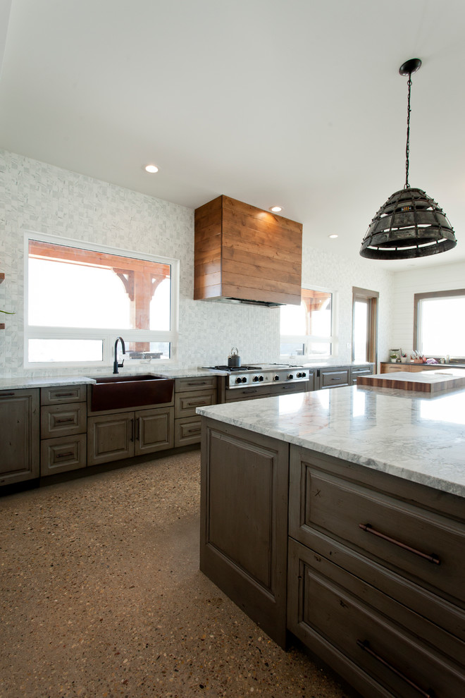 Design ideas for a large modern u-shaped open plan kitchen in Calgary with a farmhouse sink, raised-panel cabinets, dark wood cabinets, granite benchtops, grey splashback, stainless steel appliances, with island, brown floor, grey benchtop and terrazzo floors.