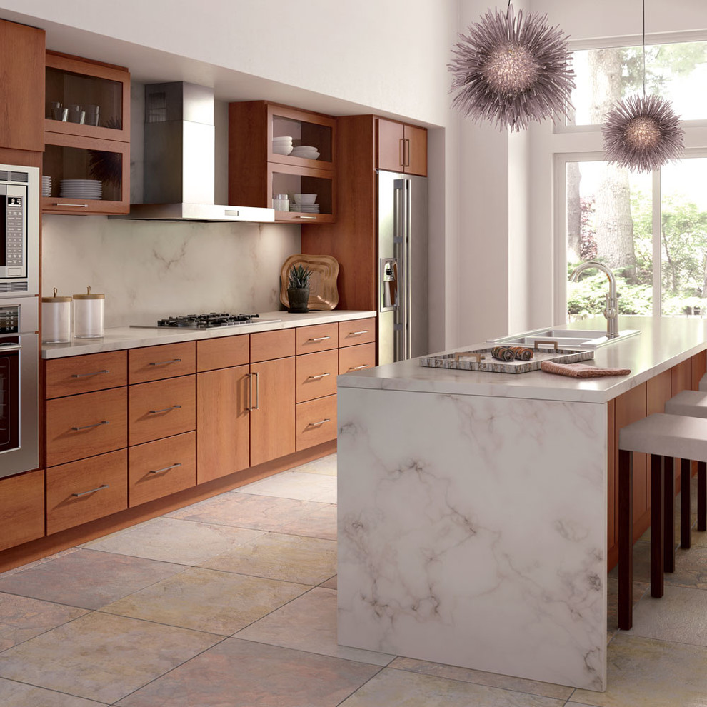 Design ideas for a mid-sized contemporary single-wall open plan kitchen in Other with a double-bowl sink, flat-panel cabinets, medium wood cabinets, marble benchtops, yellow splashback, marble splashback, stainless steel appliances and with island.