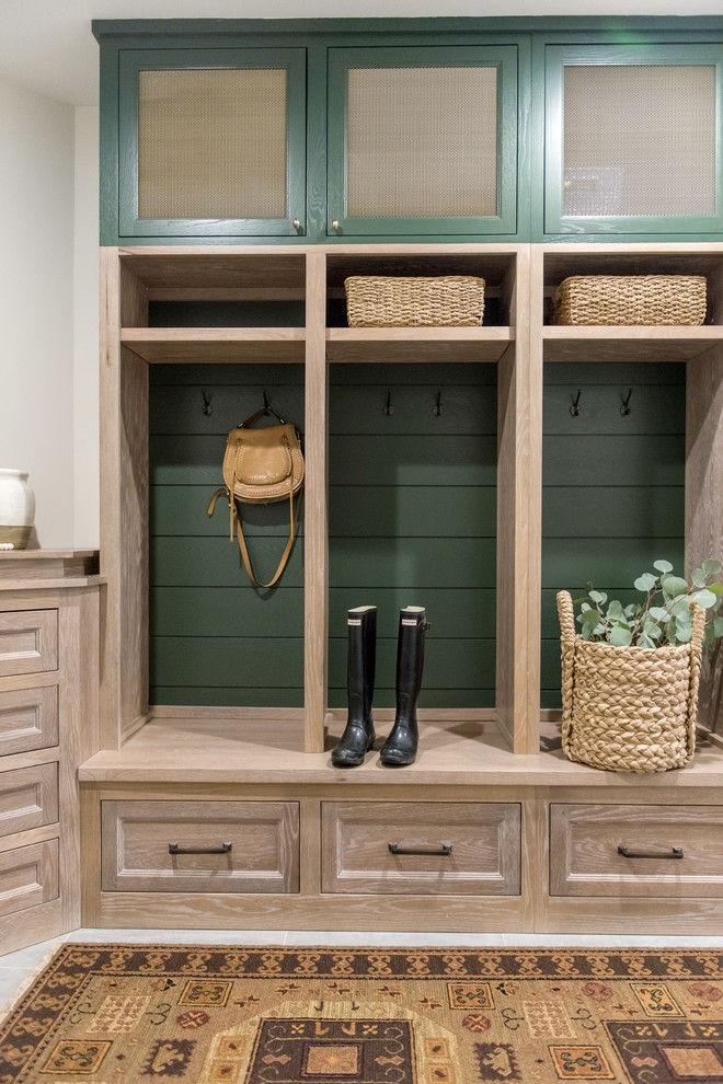 Mid-sized transitional porcelain tile and gray floor mudroom photo in Indianapolis with white walls and a gray front door