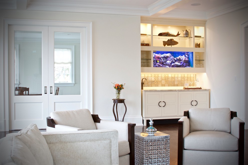 This is an example of a mid-sized contemporary single-wall wet bar in New York with an undermount sink, shaker cabinets, white cabinets, marble benchtops and dark hardwood floors.