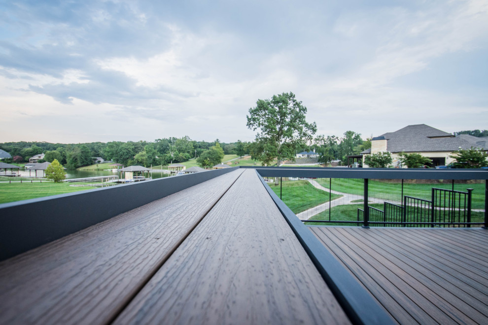 Deck - large transitional backyard deck idea with a fire pit and no cover