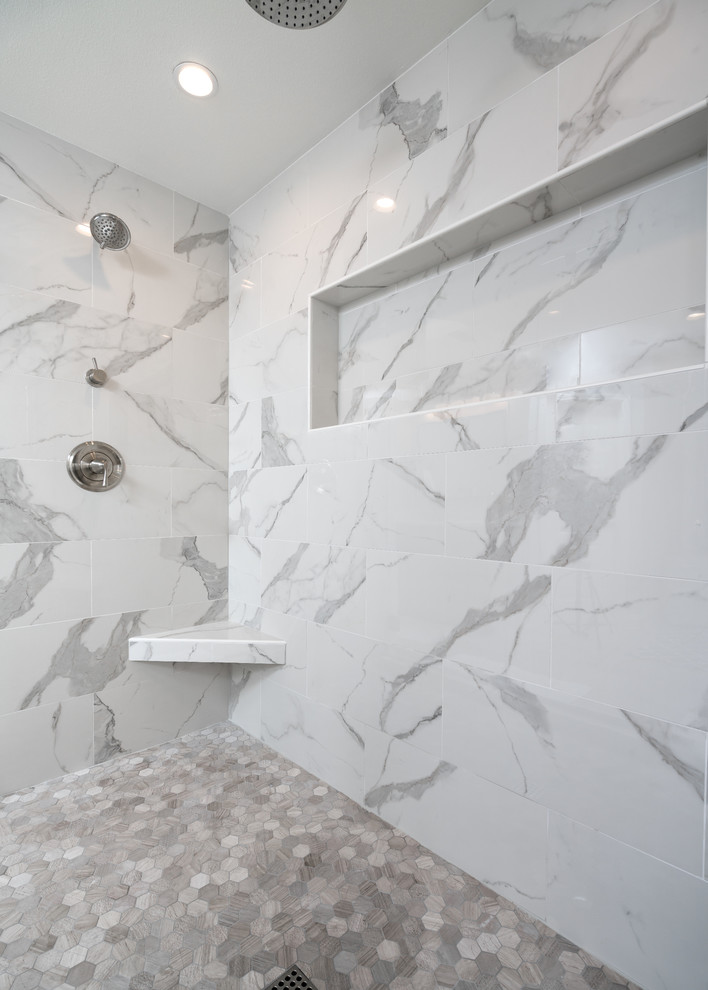 Inspiration for a large transitional master multicolored tile and mosaic tile porcelain tile double shower remodel with gray walls, an undermount sink and quartz countertops