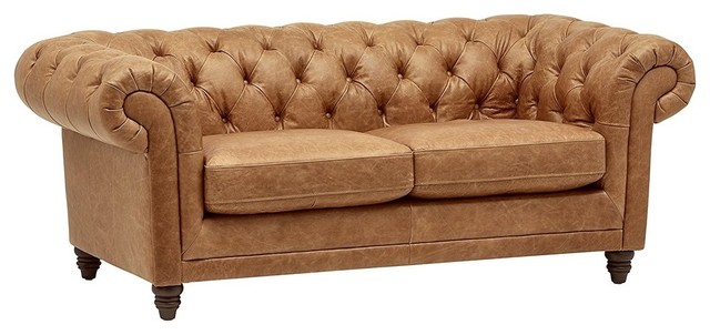 Modern Sofa In Brown Leather Upholstery With A High Back And Arms Modern Sofa In Brown Leather Upholstery