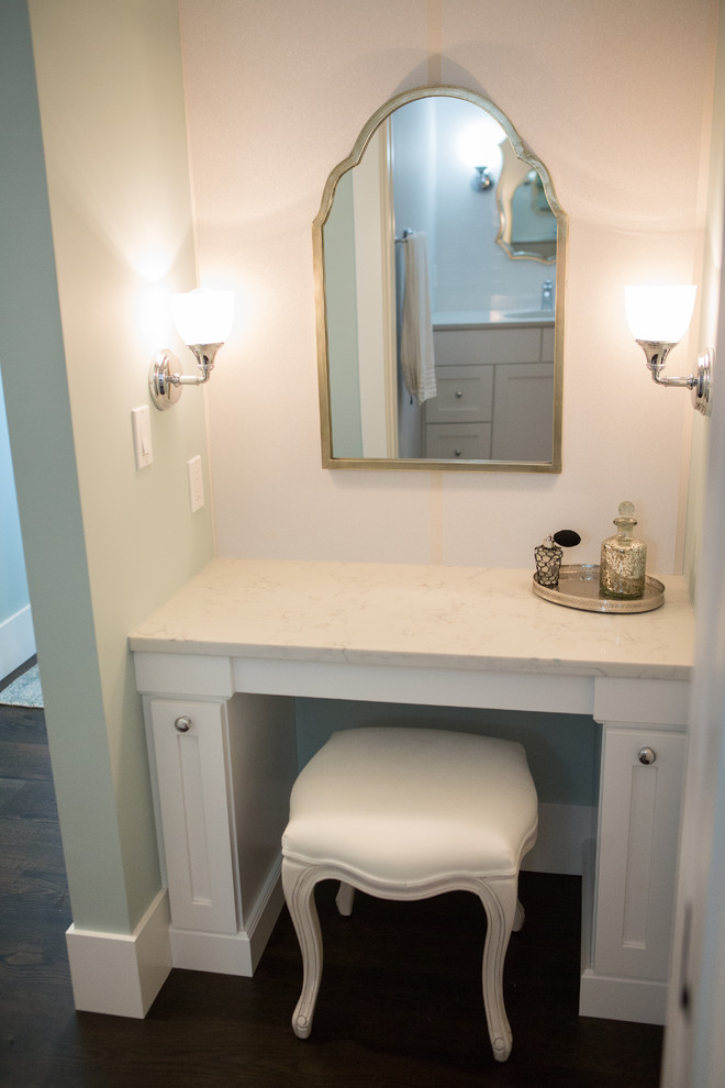 This is an example of a large transitional bathroom in Other with shaker cabinets, white cabinets, a double shower, white tile, ceramic tile, white walls, porcelain floors, an undermount sink, engineered quartz benchtops, grey floor and a hinged shower door.