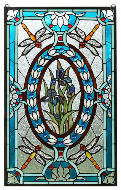 Tiffany Style Stained Glass Window Panel Dragonfly Iris Flowers 20 5 X 34 Victorian Panels By Three Mountain International Inc Tiffany Style Stained Glass Window, Victorian Stained Glass Window Panels