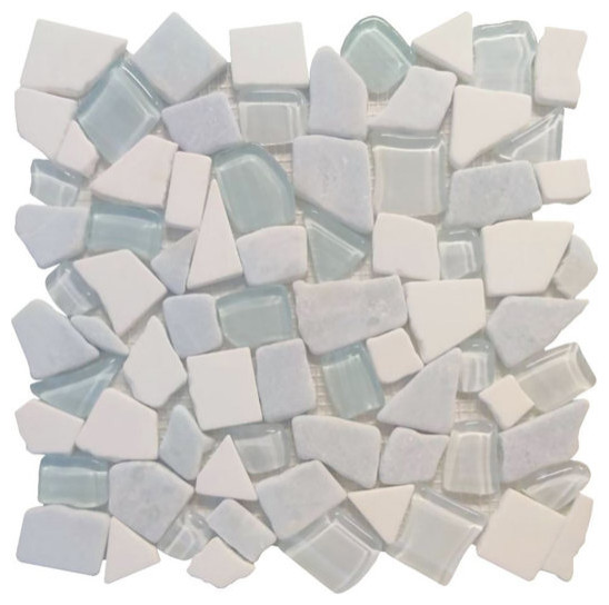 Carrara Marble & Glossy Glass Moasic Tile, Flooring Floors Walls, Quartz Blue