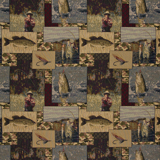 Fishermen Lures Fly Fishing Themed Tapestry Upholstery Fabric By The Yard