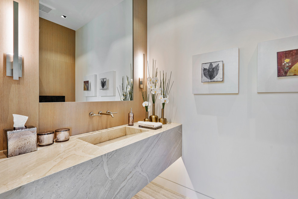 Design ideas for an expansive contemporary bathroom in Miami with beige cabinets, an open shower, beige tile, marble, white walls, porcelain floors, an integrated sink, marble benchtops, beige floor, grey benchtops, a double vanity and a floating vanity.