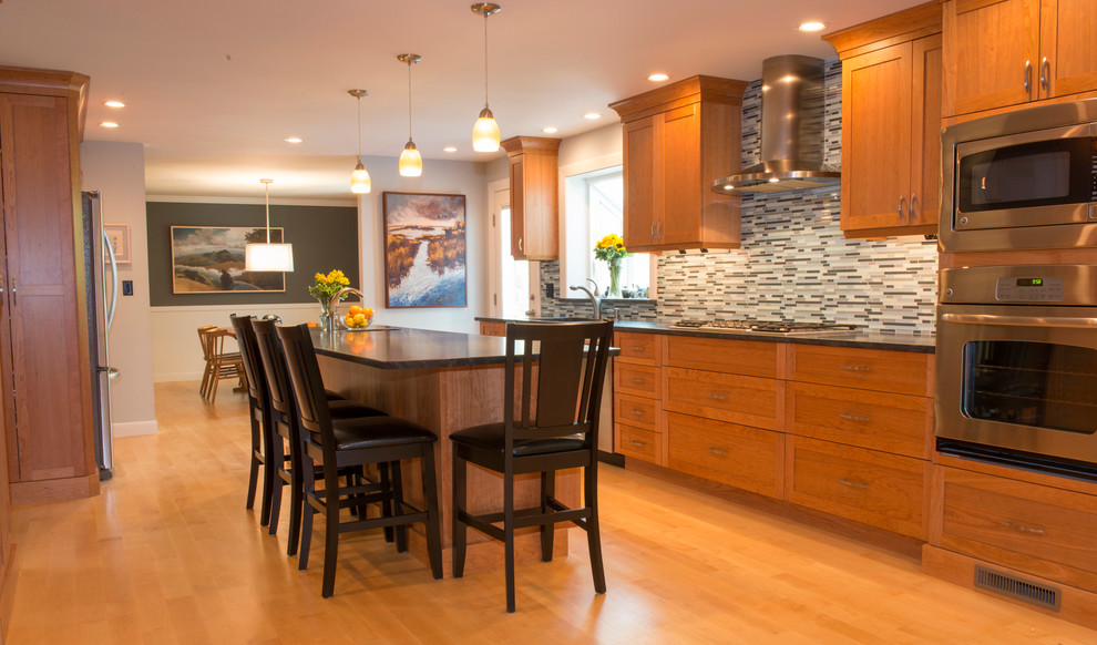 Large transitional single-wall open plan kitchen in Boston.