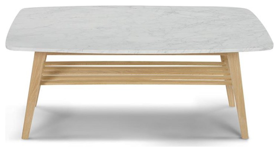 Bianco Collection Laura 43" Italian Marble Coffee Table in White with Oak shelf