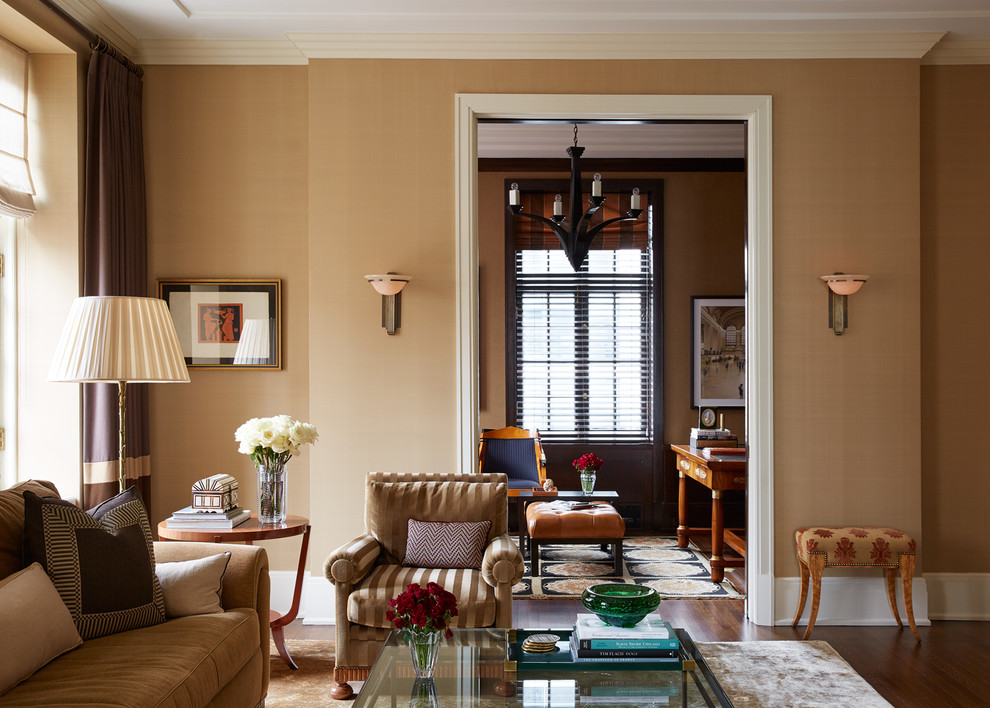 Example of a mid-sized classic formal and open concept dark wood floor living room design in Chicago with beige walls