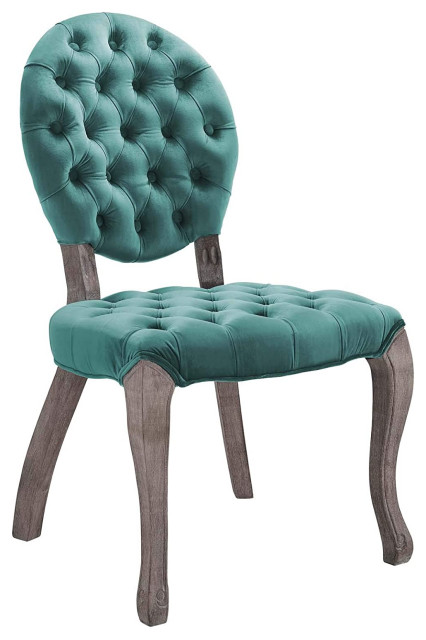French Country Dining Chair Cabriole, Aqua Velvet Tufted Dining Chair