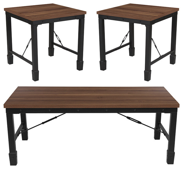 3Piece Coffee, End Tables Set, Rustic Walnut Finish, Black Metal