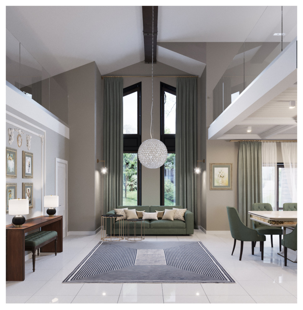 Дизайн интерьера кухни-гостиной со вторым светом в доме.