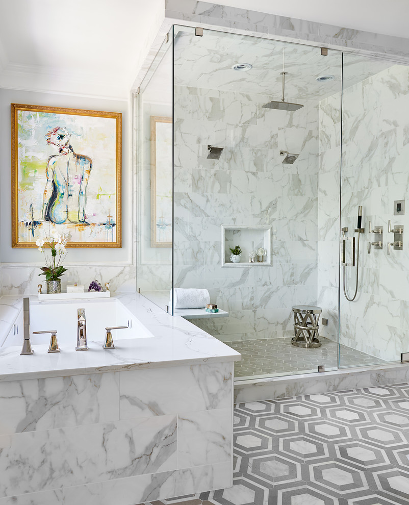 Design ideas for a mid-sized transitional master bathroom in Charlotte with an undermount tub, a double shower, white tile, porcelain tile, engineered quartz benchtops, a hinged shower door and white benchtops.