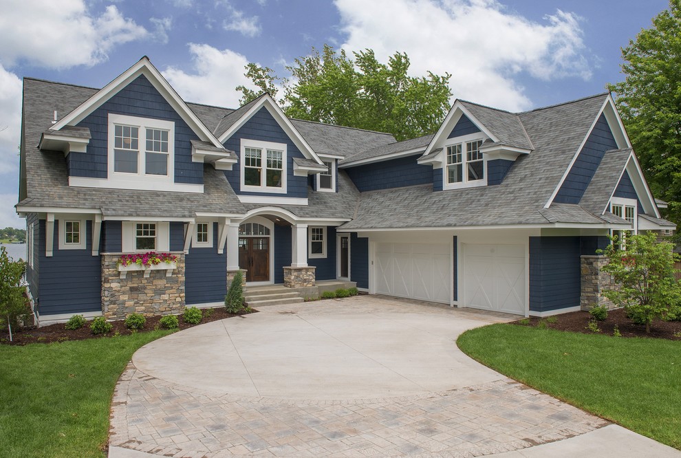 Huge transitional blue three-story concrete fiberboard exterior home photo in Minneapolis