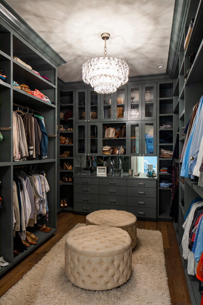 Transitional gender-neutral medium tone wood floor and brown floor dressing room photo in Austin with glass-front cabinets and gray cabinets