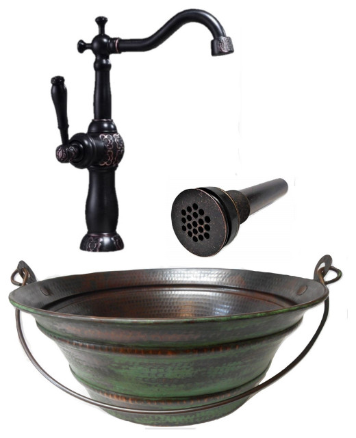 15" Round Copper BUCKET Vessel Bath Sink Green Patina with ORB Faucet & Drain 