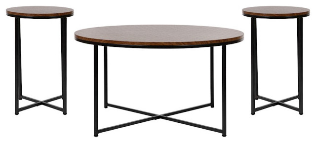 Flash Hampstead Coffee & End Table Set, WN/BK Crisscross, 3 Piece Table Set