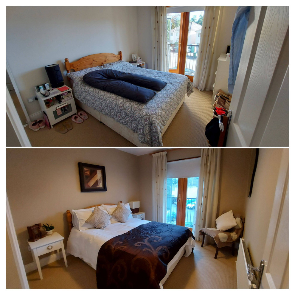 Diseño de dormitorio principal moderno pequeño con paredes beige, moqueta y suelo beige