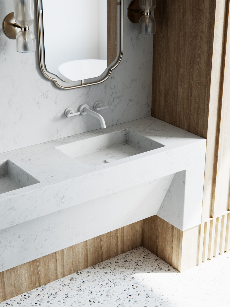 Exempel på ett mellanstort modernt vit vitt en-suite badrum, med ett fristående badkar, röd kakel, cementkakel, flerfärgade väggar, terrazzogolv, ett integrerad handfat, marmorbänkskiva och grått golv