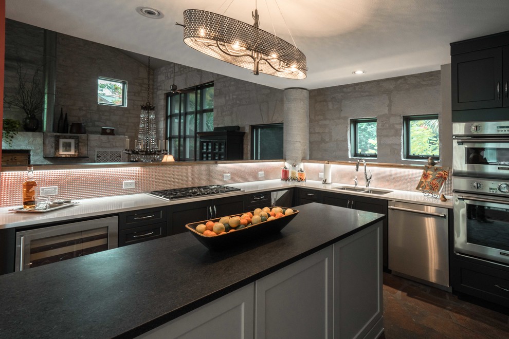 Mid-sized transitional 3/4 gray tile and ceramic tile kitchen photo in Austin with flat-panel cabinets