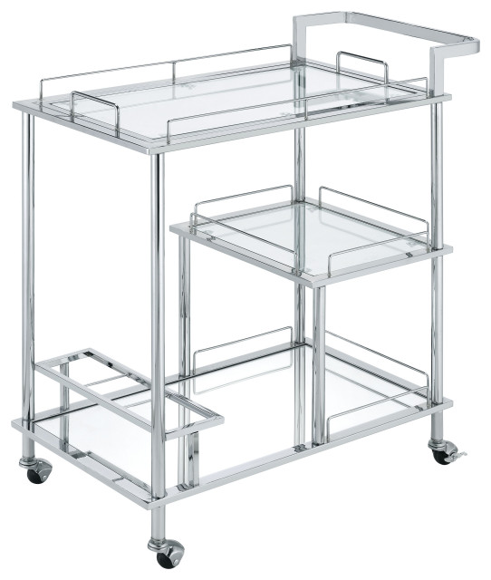 Splinter Serving Cart, Clear Glass and Chrome Finish Contemporary Bar Carts by Acme
