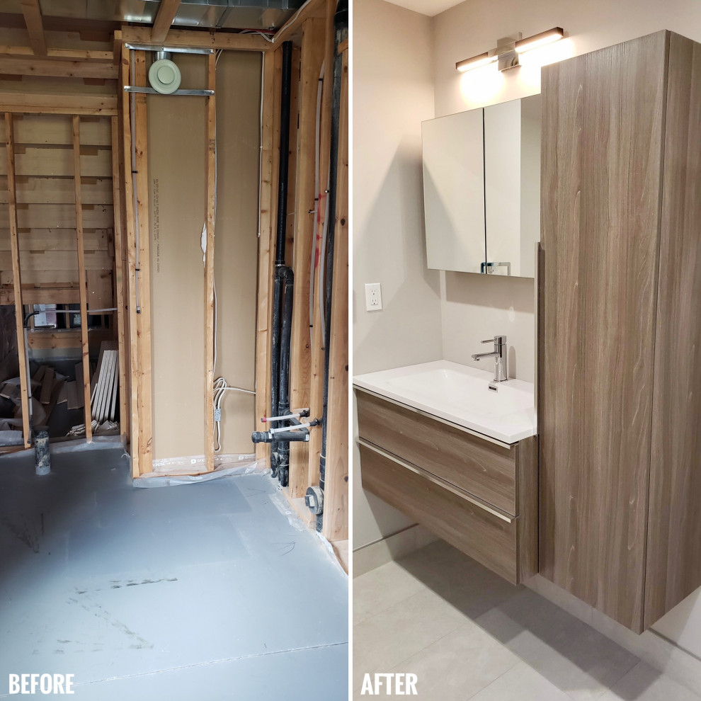 Example of a large transitional porcelain tile, white floor and single-sink bathroom design with medium tone wood cabinets, white walls, an integrated sink, quartzite countertops, white countertops and a floating vanity